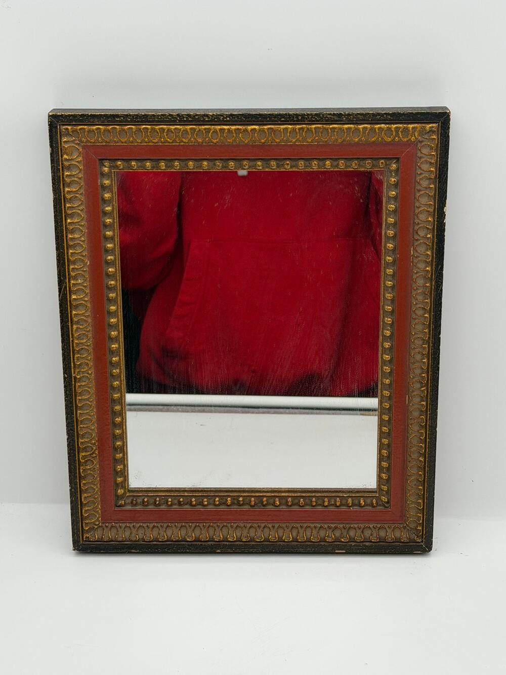 Vintage Framed Beaded Wall Mirror - Wood Gilt Accents - Red & Black 11.5" x 9.5"
